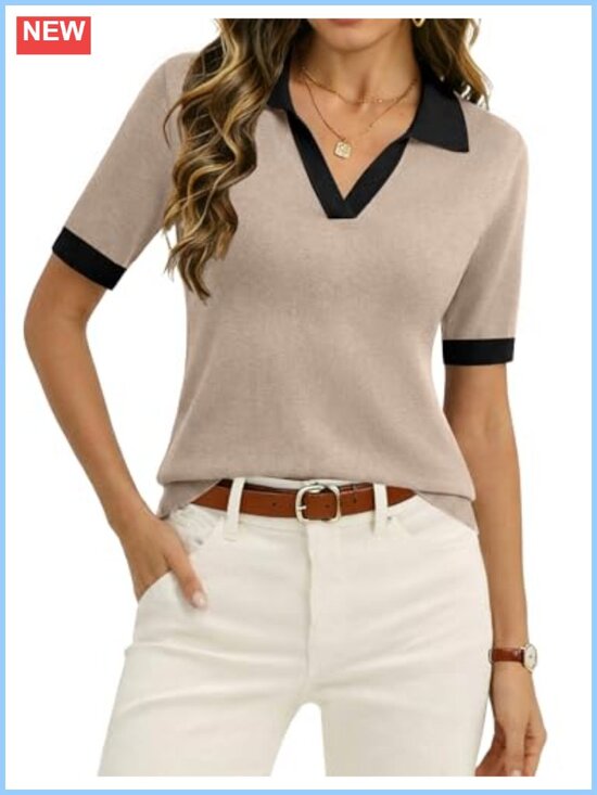 Sweaters - Viscose Knit Polo Sweater Short Sleeve V-Neck Business Casual Pullover Top